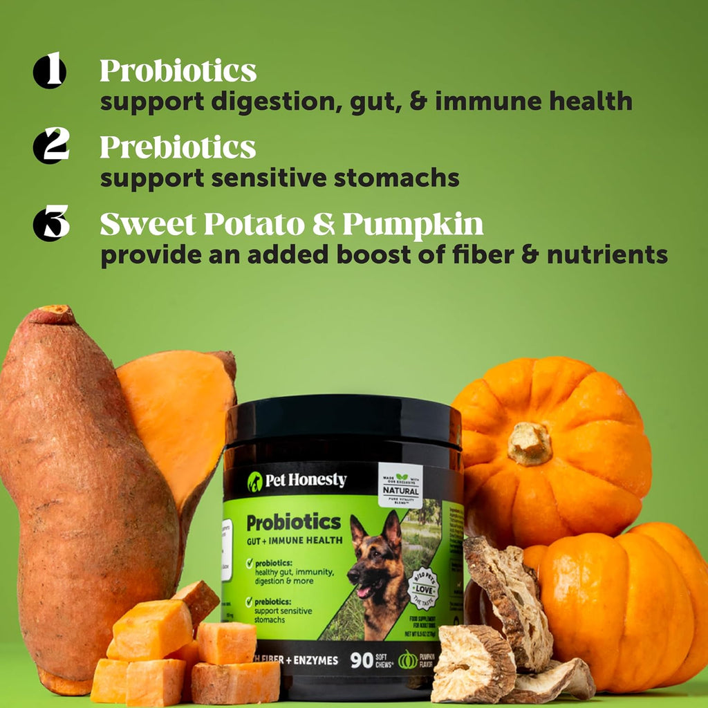 Pet Honesty Probióticos para Perros con Prebióticos y Enzimas - 6B UFC - 90 Masticables (Calabaza)