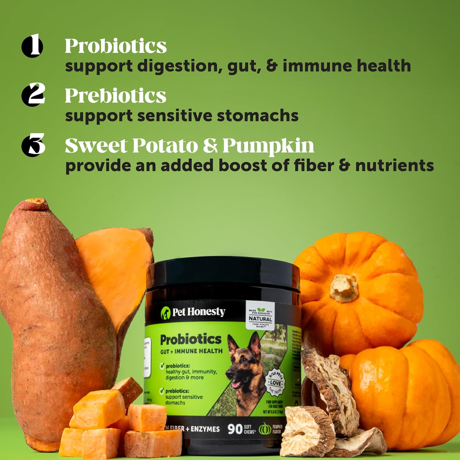Pet Honesty Probióticos para Perros con Prebióticos y Enzimas, 6B UFC, Calabaza, 180 Masticables