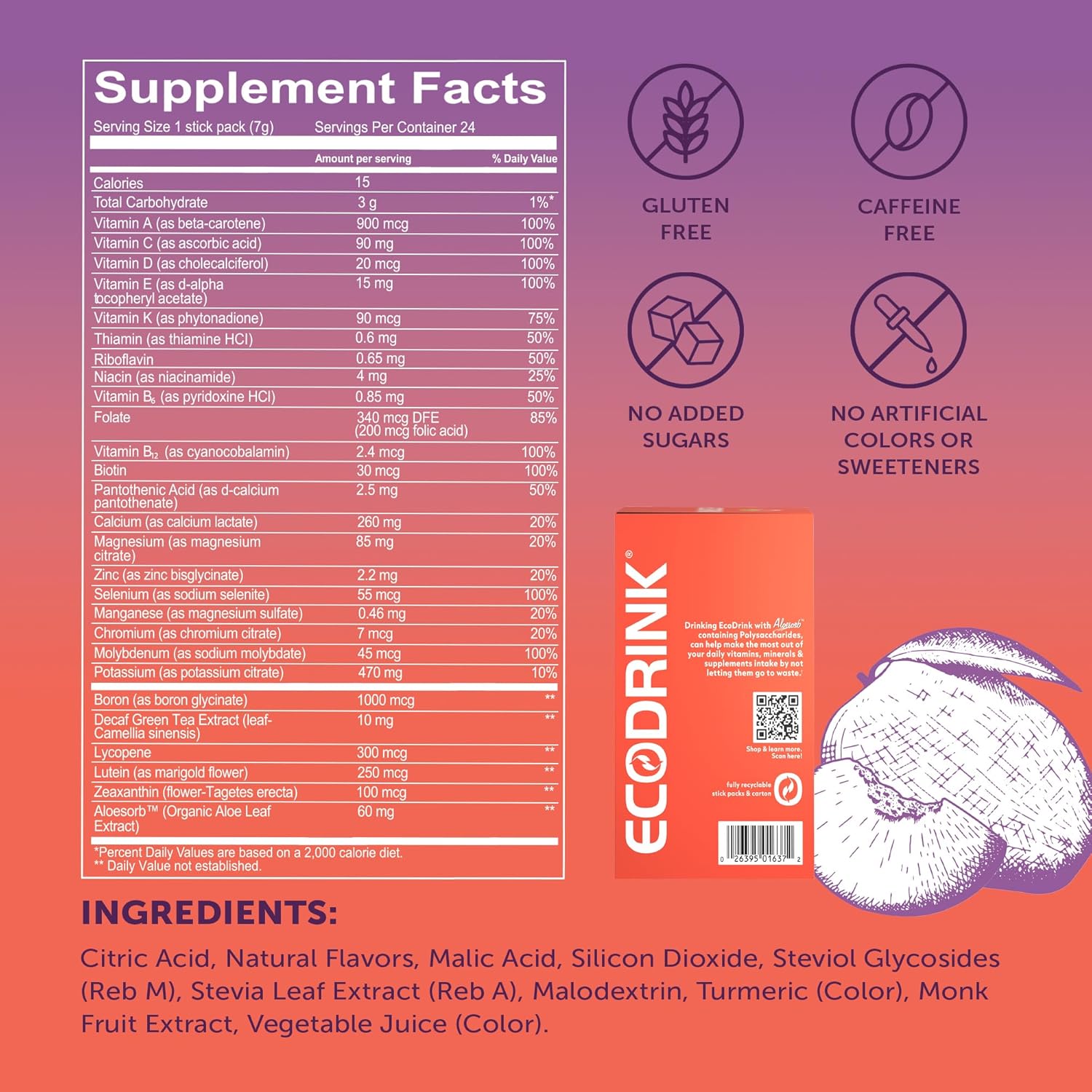 EcoDrink Hydration Packs with Nutritional Support, Peach Mango – Multivitamin Blend with Electrolytes & Aloe, 24 Packets