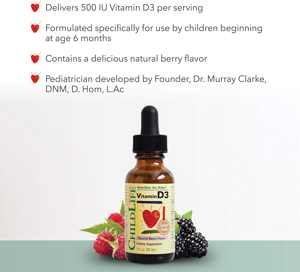 ChildLife Essentials Gotas de Vitamina D3 para Bebés, Niños y Pequeños - 500 UI, Sabor Natural Berry, 3 x 30 ml