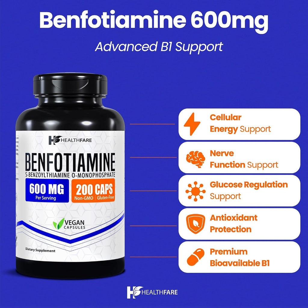 Healthfare Benfotiamina 600mg | 200 Cápsulas Veganas | Absorción Mejorada