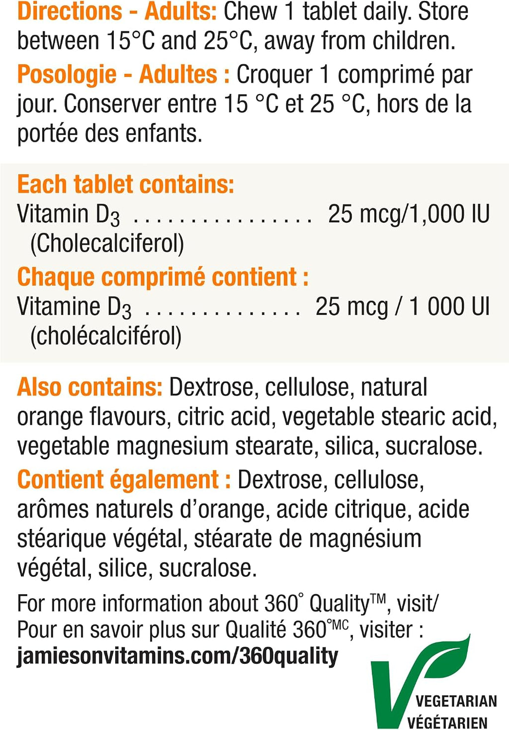 Jamieson Vitamina D3 1000 IU Naranja Masticable - 100 unidades