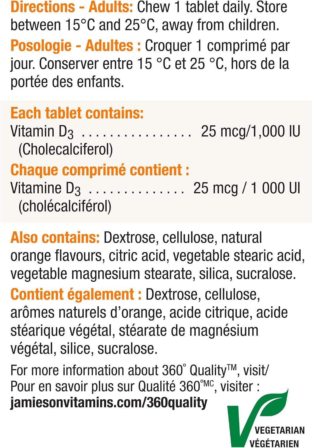 Jamieson Vitamina D3 1000 IU Naranja Masticable - 100 unidades