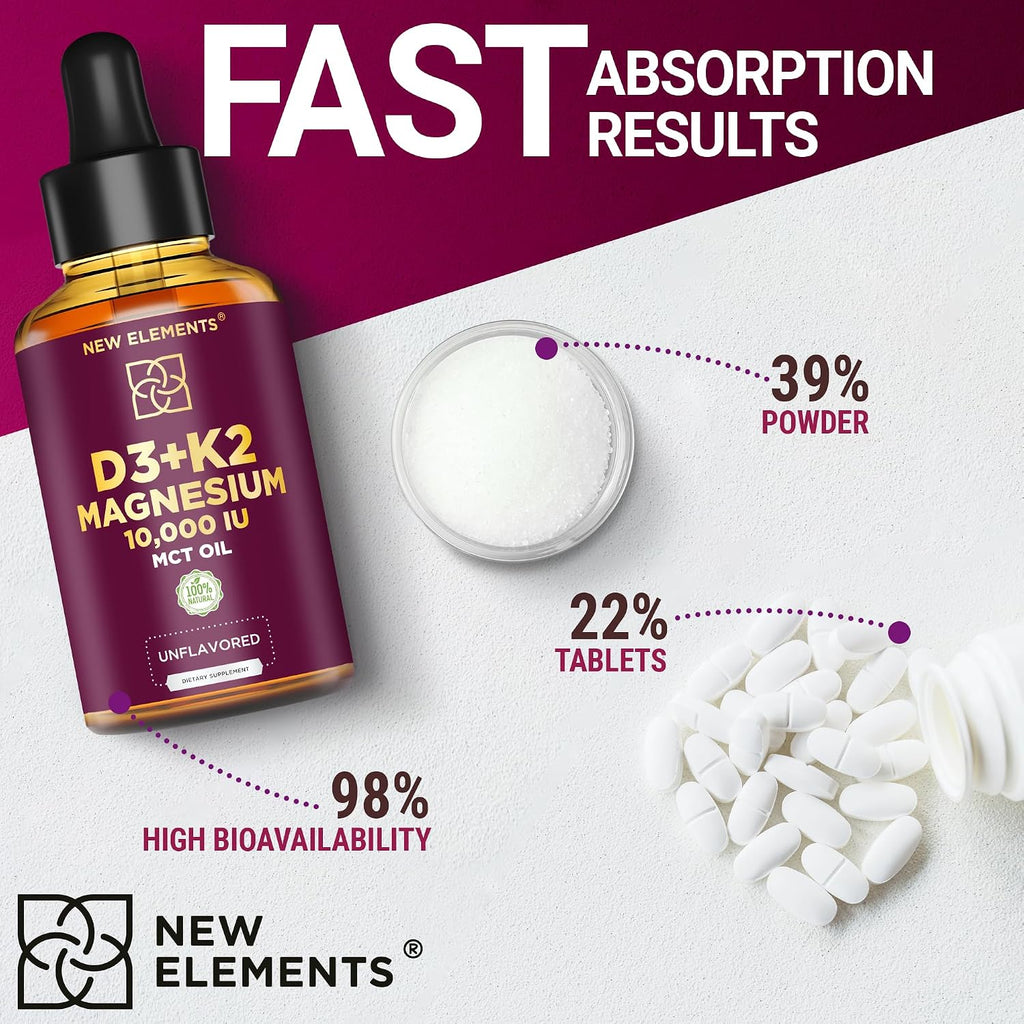 Líquido de Vitamina D3 con K2 y Magnesio Glicinato | 10.000 UI D3 + 200 mcg K2 MK-7