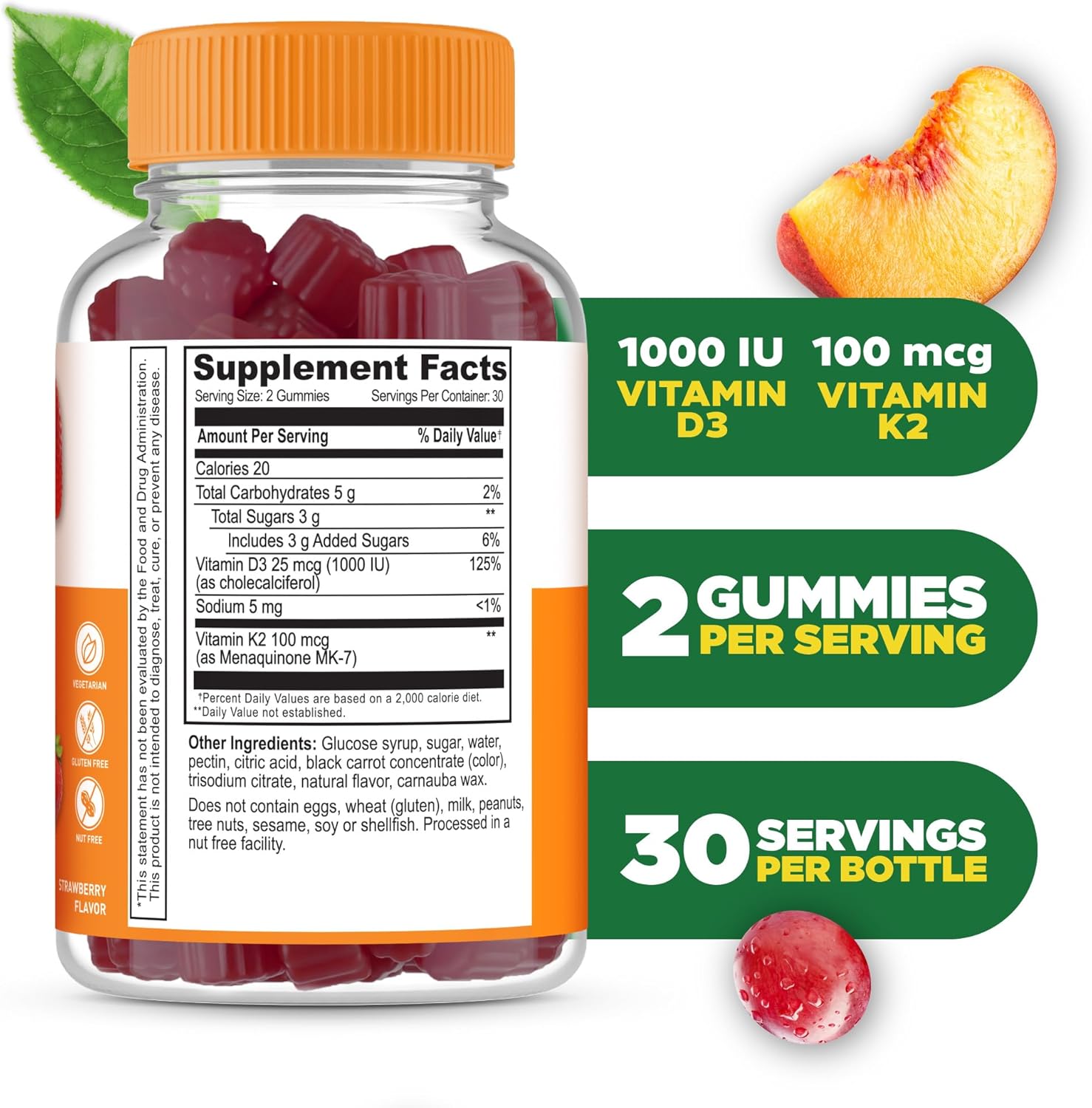 Lifeable Vitamina D3 y K2 Gominolas para Adultos | 1000 UI D3 + 100 mcg K2 | Sabor Fresa | 60 Gominolas