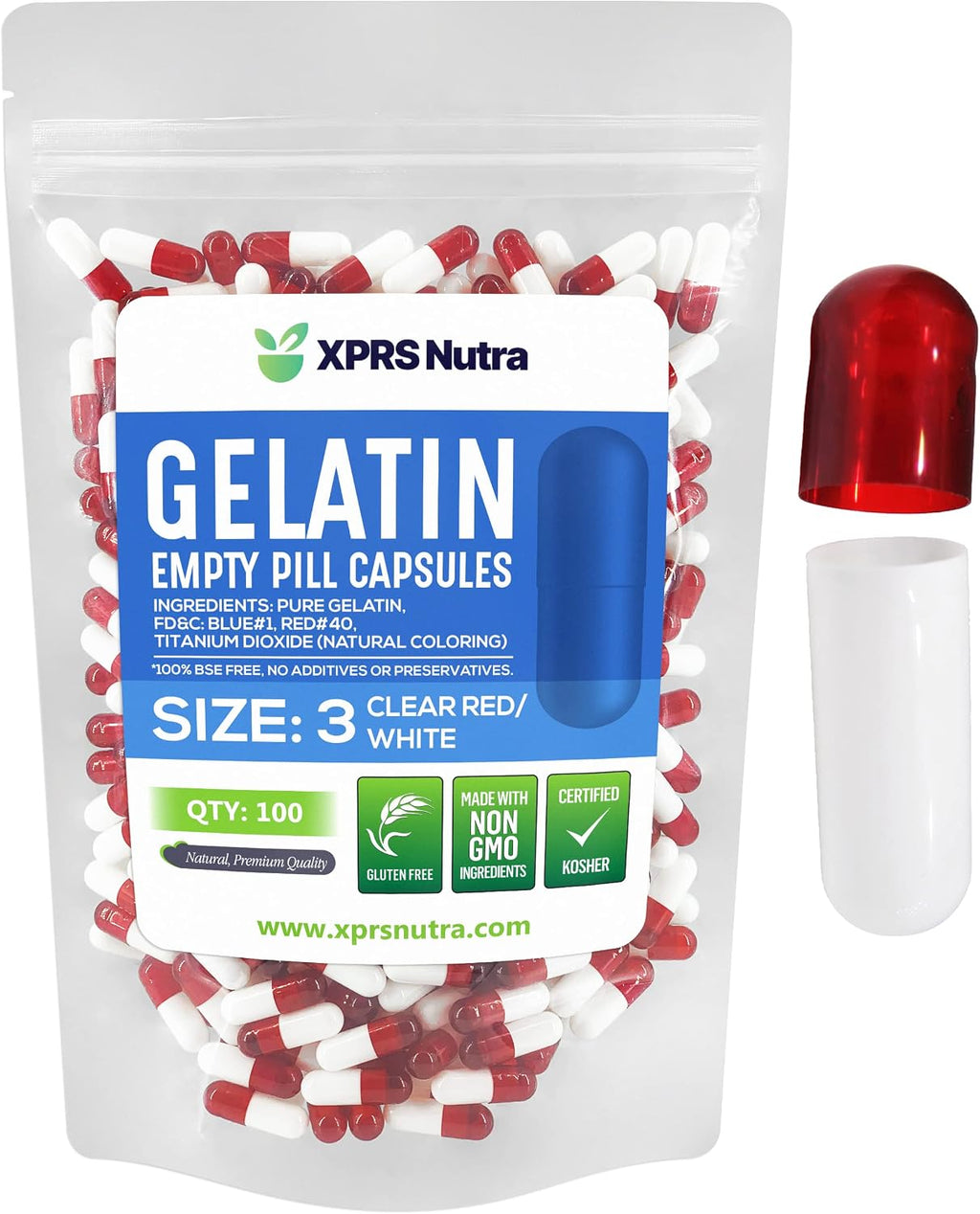 XPRS Nutra Cápsulas Vacías Tamaño 3 - 100 Cápsulas de Gelatina Bovina - Para Rellenar con tus Propios Suplementos (Transparente Rojo/Blanco)