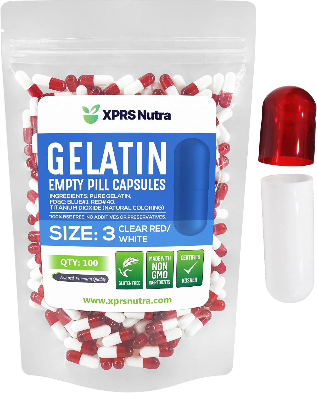XPRS Nutra Cápsulas Vacías Tamaño 3 - 100 Cápsulas de Gelatina Bovina - Para Rellenar con tus Propios Suplementos (Transparente Rojo/Blanco)