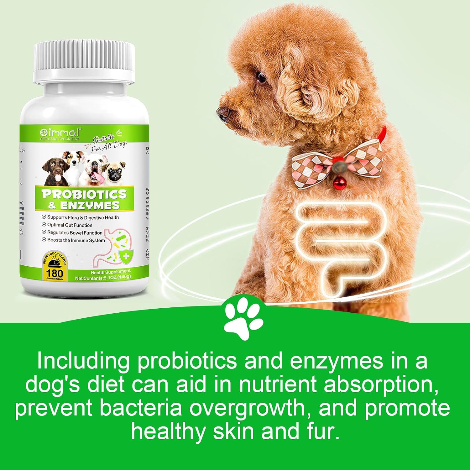 FSLHCY Probióticos para Perros, 180 Masticables con Enzimas Digestivas y Prebióticos - Sabor a Pato de Pekín
