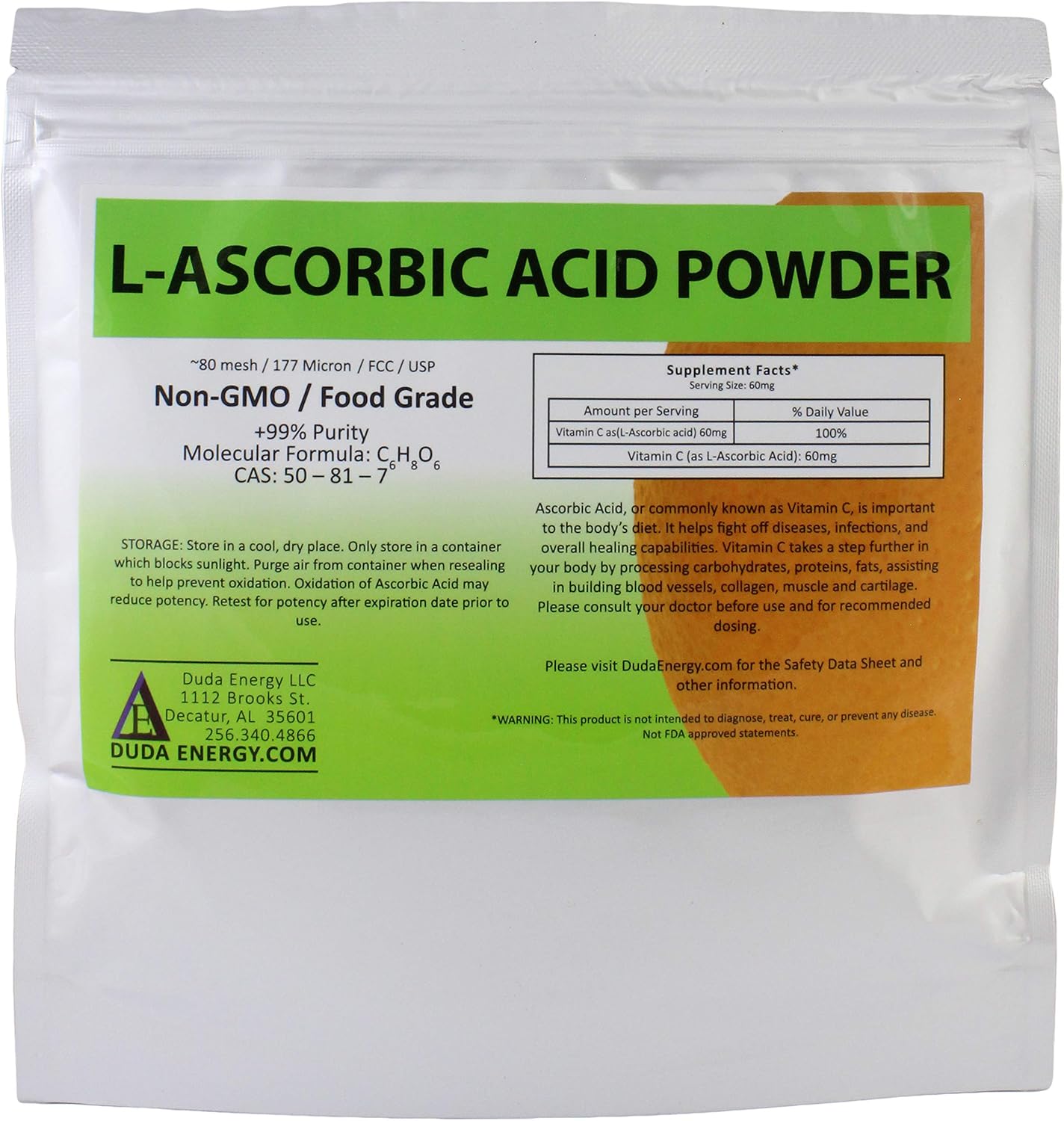 Ácido L-Ascórbico en Polvo 99%+ Puro, Grado Alimenticio (226 g)