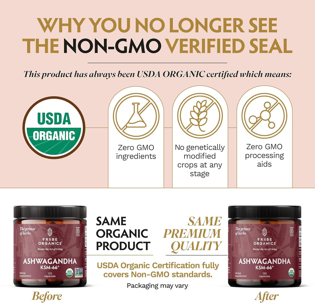 TRIBE ORGANICS Ashwagandha KSM-66 600 mg - Extracto de raíz orgánico - 120 cápsulas