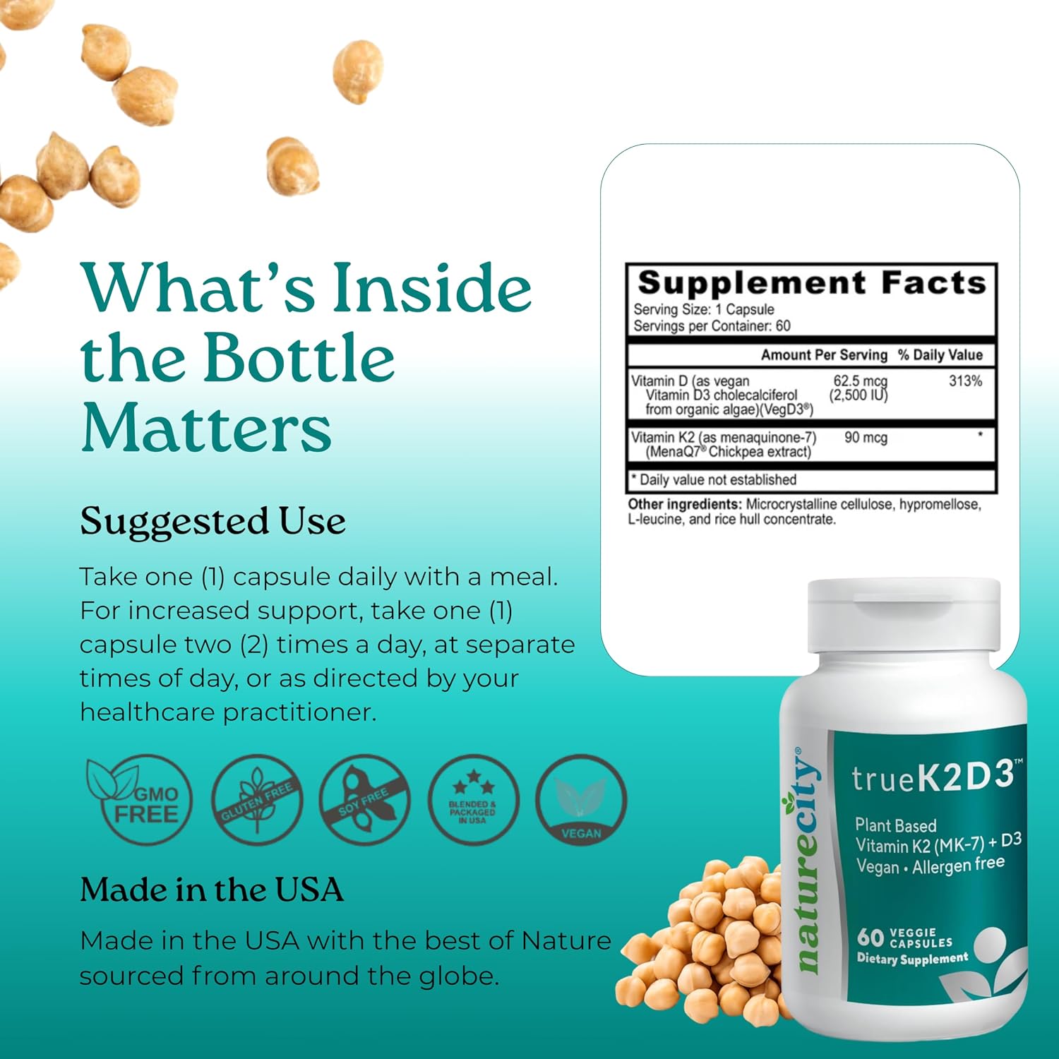 NatureCity TrueK2D3 - Vitamina K2 MK-7 (90 mcg) y D3 de Algas (2500 UI) - 60 Cápsulas Vegetales