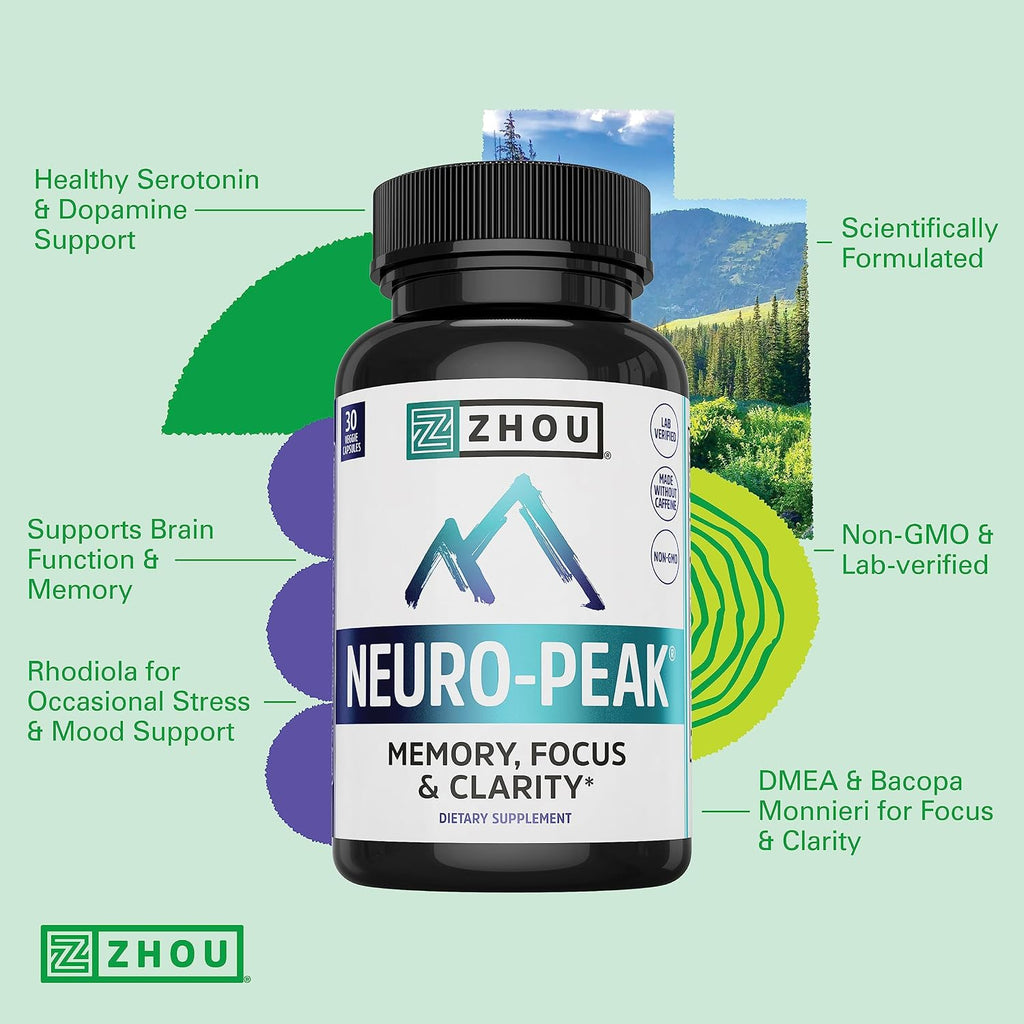 Zhou Neuro-Peak - Suplemento Cerebral con Ginkgo, Rhodiola y B12, 30 Cápsulas Vegetales