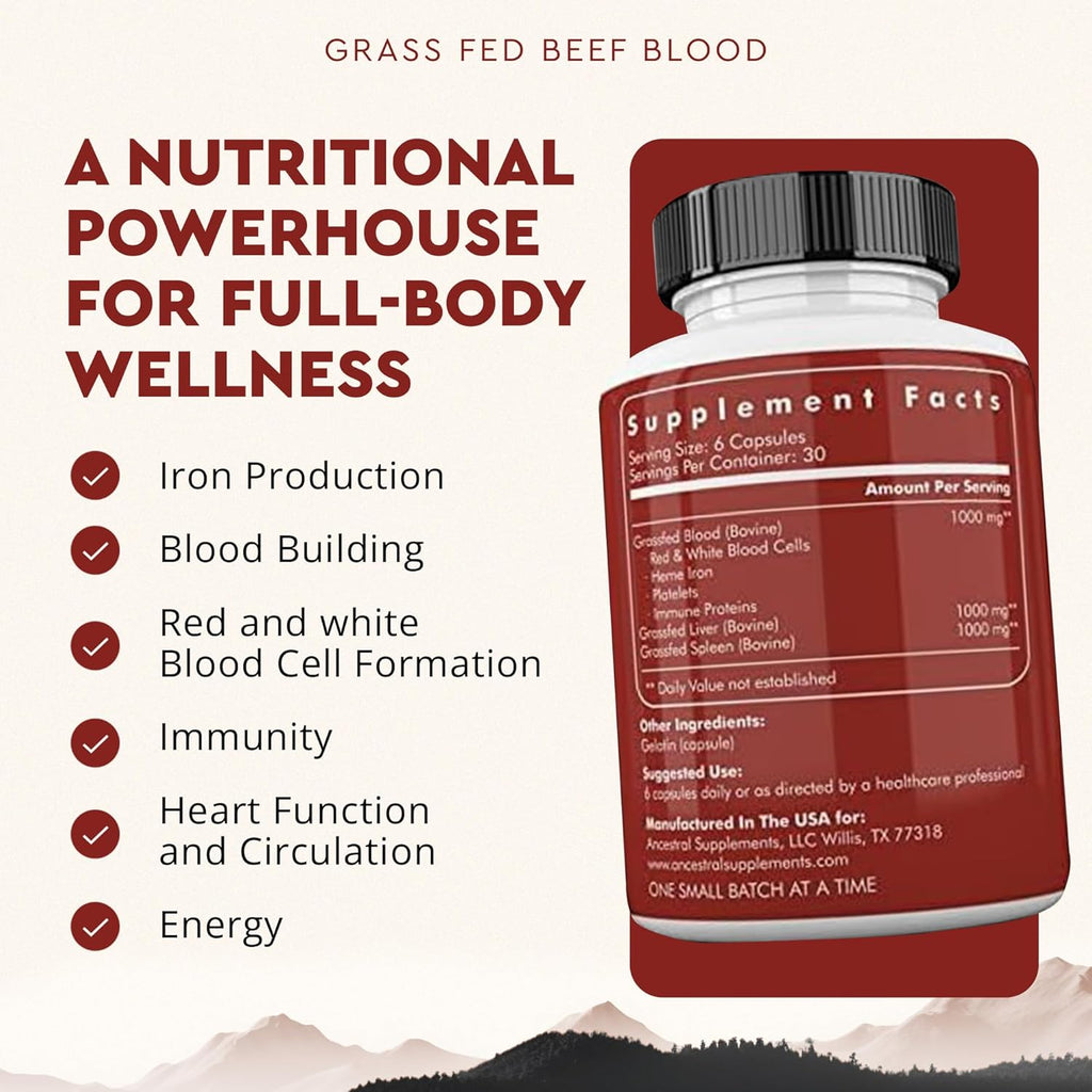 Ancestral Supplements Grass Fed Blood - Fórmula de Sangre, Hígado y Bazo, 500 mg, 180 Cápsulas