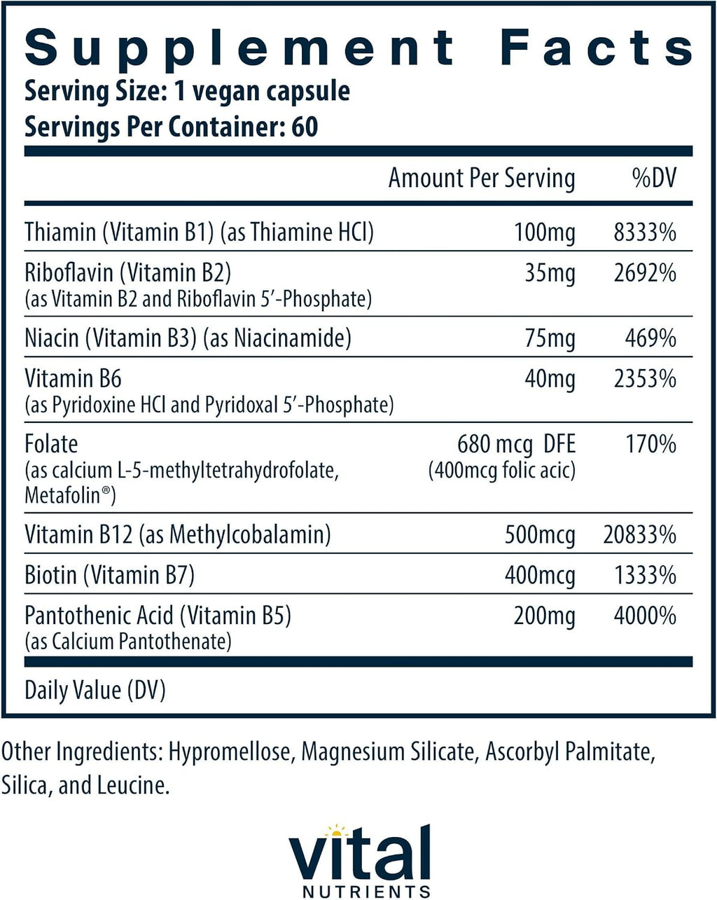 Vital Nutrients B Complex – High Potency, Methylated, Vegan B Vitamins – 60 Capsules