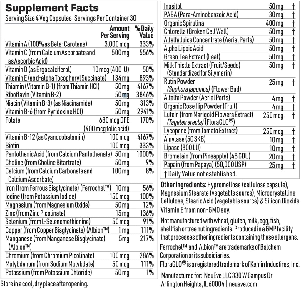 NeuEve Multivitamínico para la Menopausia - Sin Hormonas - Con Superalimentos Verdes - 120 Cápsulas Veganas