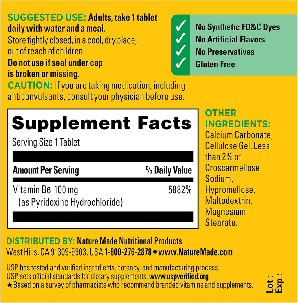 Nature Made Vitamina B6 100 mg – 100 Comprimidos