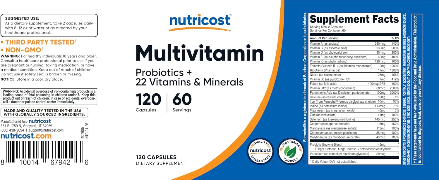 Nutricost Multivitamínico con Probióticos 120 Cápsulas Vegetarianas - Alto en Vitaminas y Minerales