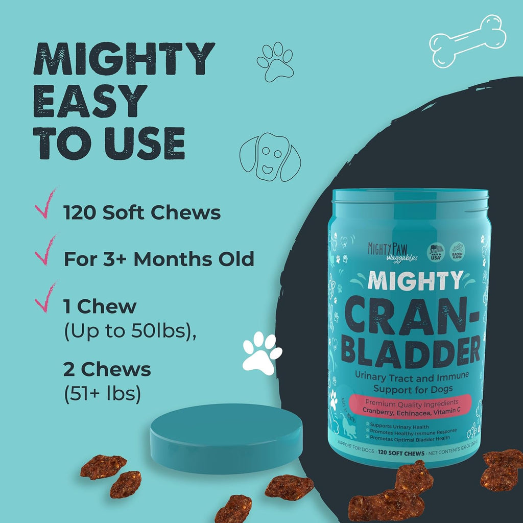 Mighty Paw Waggables Cran-Bladder (2-Pack) – Suplemento de Arándano para Perros, 240 Chews Blandos sabor Bacon