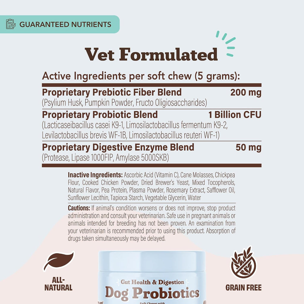 Natural Dog Company Probióticos para Perros – Masticables con 1B UFC, Cepas Microencapsuladas, Prebióticos y Enzimas para la Salud Digestiva, 45 unidades