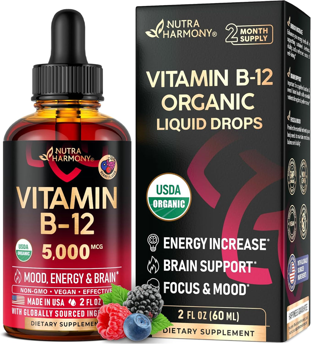 Vitamina B12 Orgánica Gotas Sublinguales - 5000 mcg Metilcobalamina Vegano - 60 ml