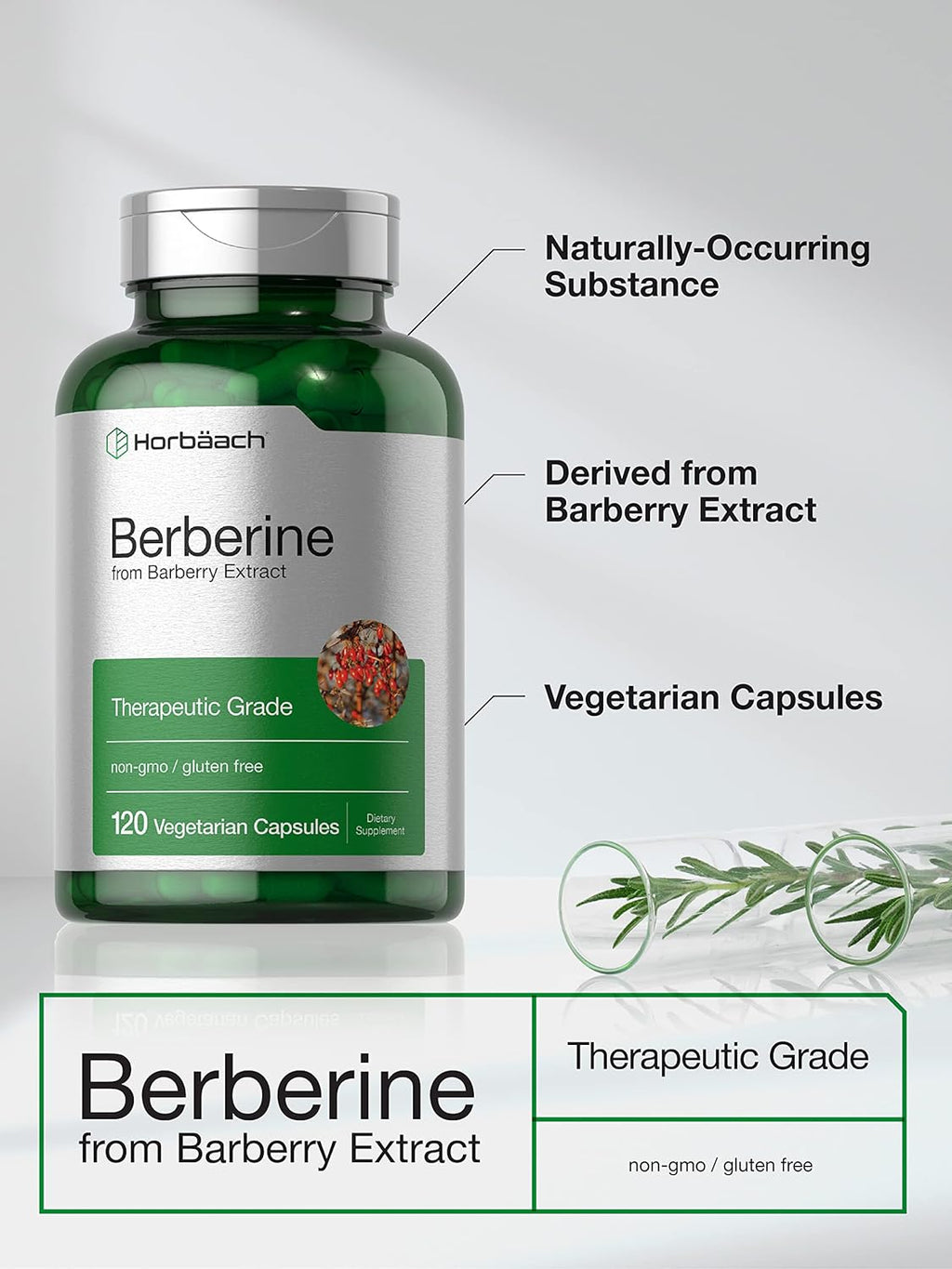 Horbäach Berberine HCl 500 mg | 120 Cápsulas Vegetarianas | Suplemento de Extracto de Agracejo