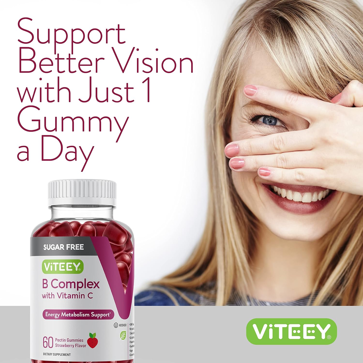 Viteey Gomitas de Complejo B con Vitamina C, Sin Azúcar | Energía, Metabolismo y Salud Nerviosa - B6, B12, Ácido Fólico, Biotina - Vegano, Sin Gelatina, Sin OMG - Sabor Fresa