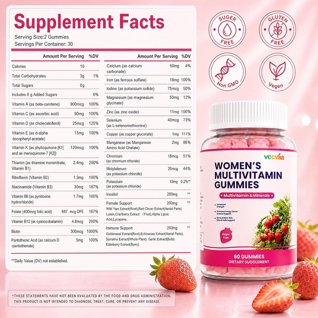 Vccvaa Gominolas Multivitamínicas Sin Azúcar para Mujeres 14+ con Hierro, Inositol, Folato, Vitaminas A C D3 E B12 K2, Mezcla de Hierbas y Minerales – 60 unidades