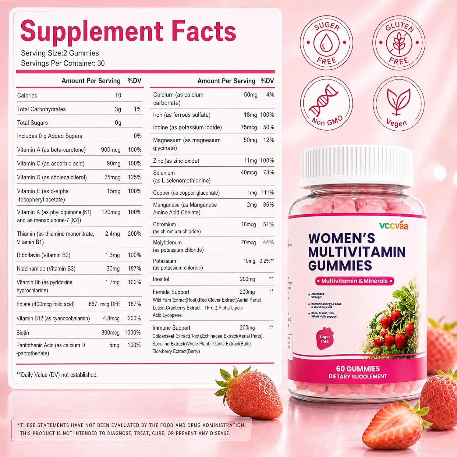 Vccvaa Gominolas Multivitamínicas Sin Azúcar para Mujeres 14+ con Hierro, Inositol, Folato, Vitaminas A C D3 E B12 K2, Mezcla de Hierbas y Minerales – 60 unidades