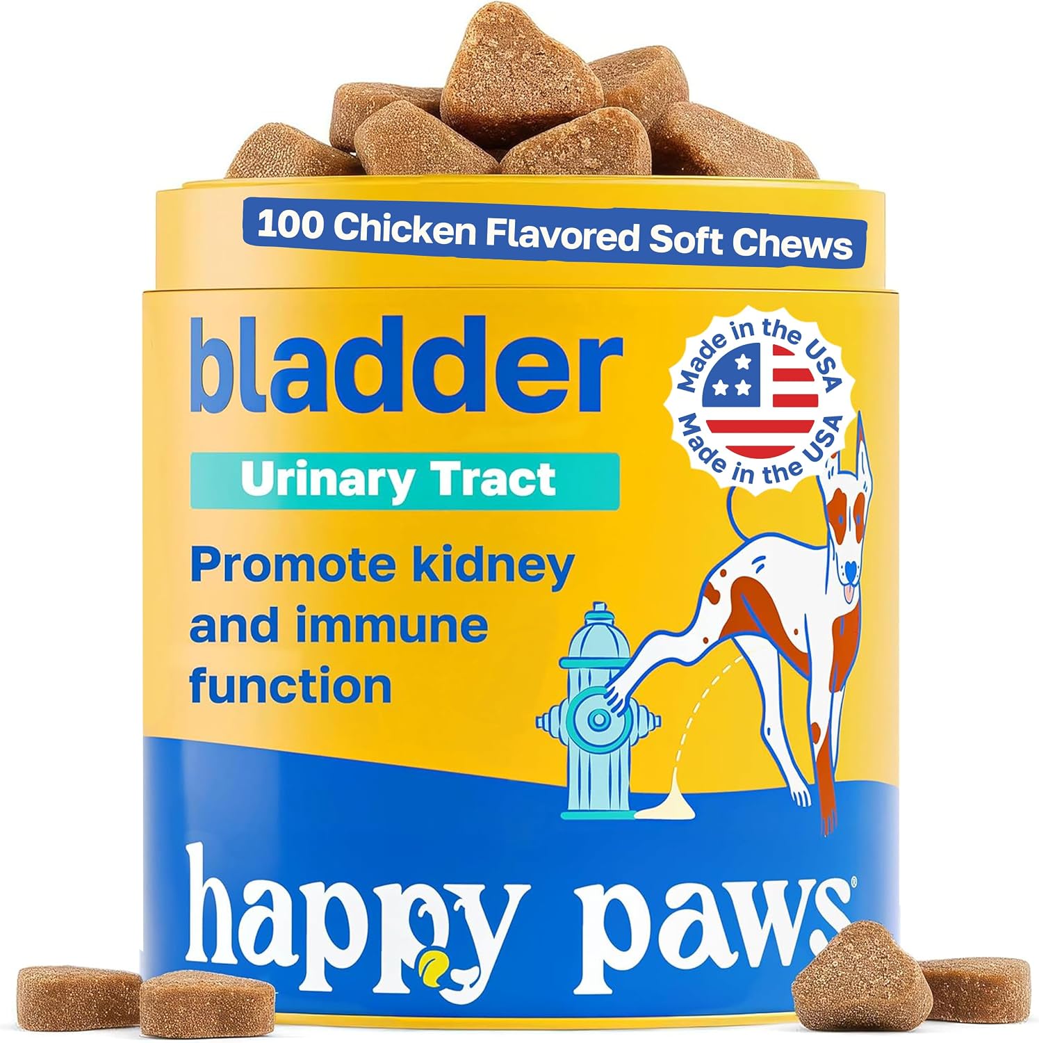 Happy Paws Suplemento de Vejiga para Perros con Arándano y Antioxidantes - 100 Masticables Blandos Sabor Pollo Vegano