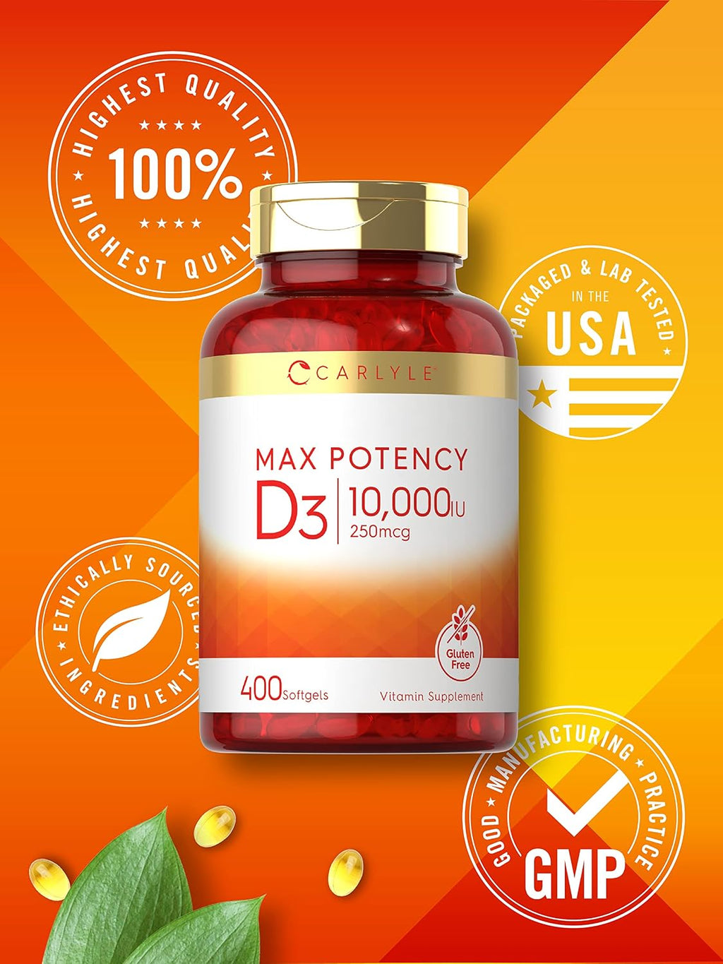 Carlyle Vitamina D3 10.000 UI 400 Cápsulas Blandas - Alta Potencia - Sin Gluten, Non-GMO