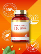 Carlyle Vitamina D3 10.000 UI 400 Cápsulas Blandas - Alta Potencia - Sin Gluten, Non-GMO