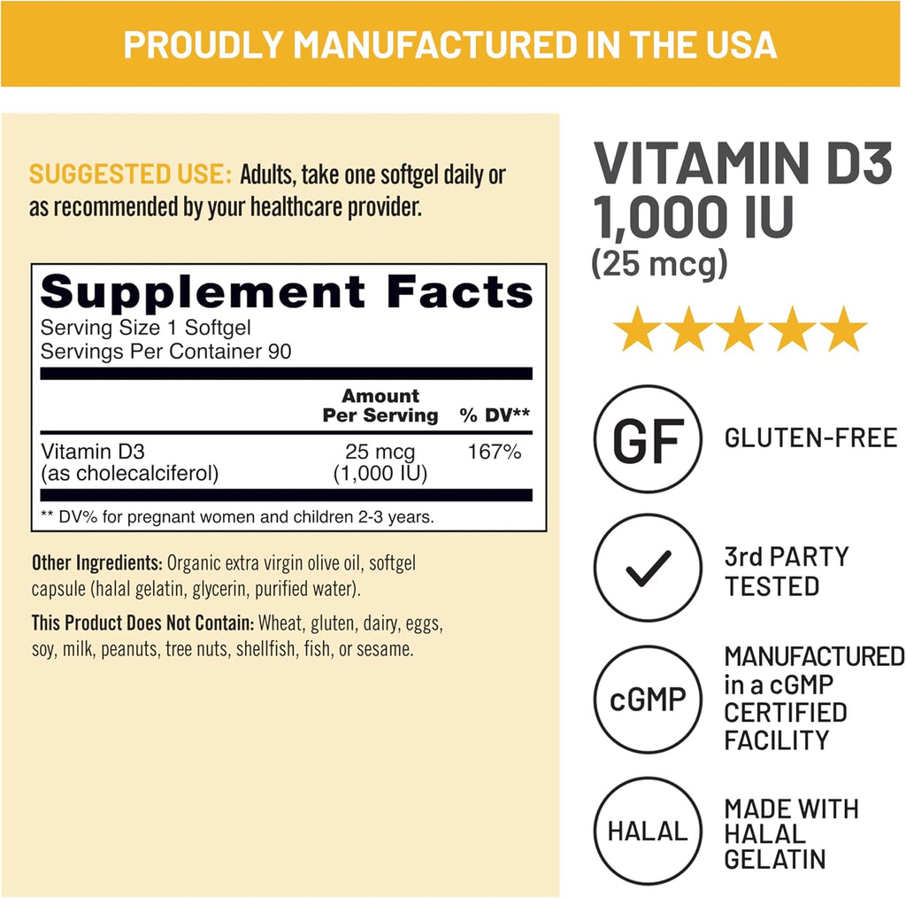 NatureWise Vitamina D3 1000 IU (25 mcg) – 90 Cápsulas Blandas con Aceite de Oliva Virgen Extra Ecológico