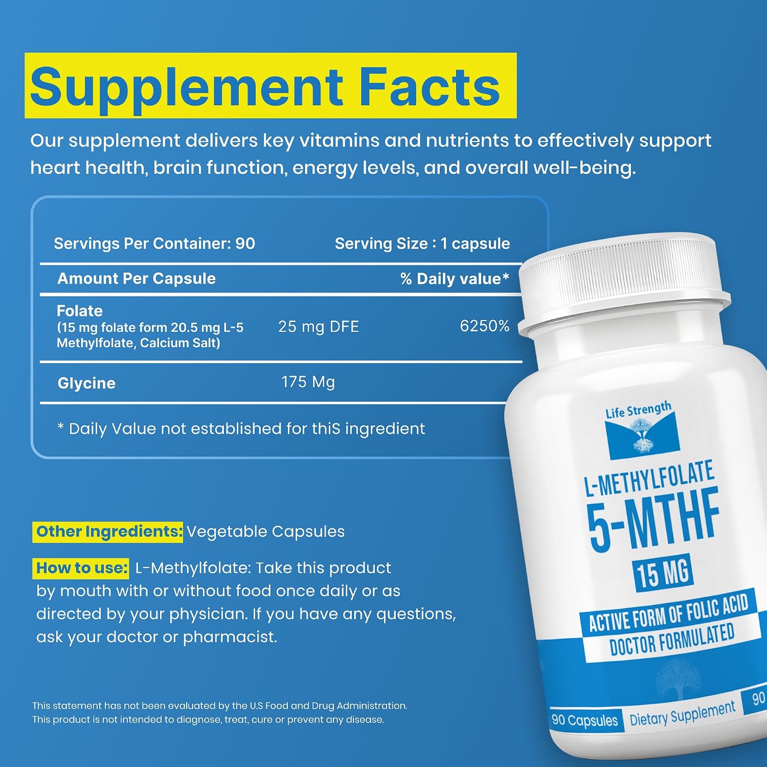 L-Methylfolate 15 mg | 90 Cápsulas | Metilfolato Activo 5-MTHF