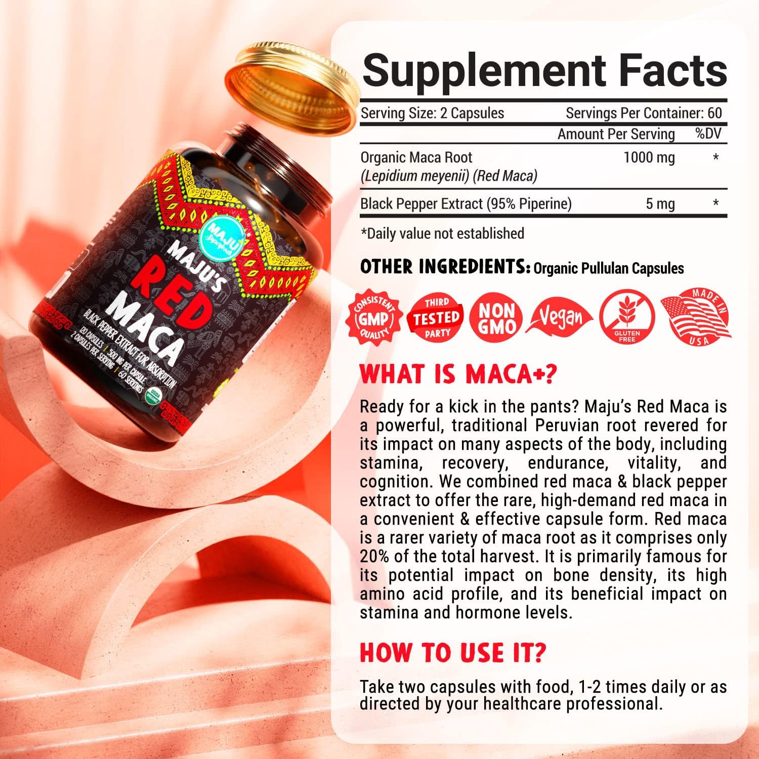 Cápsulas Orgánicas de Maca Roja con Pimienta Negra - 120 uds