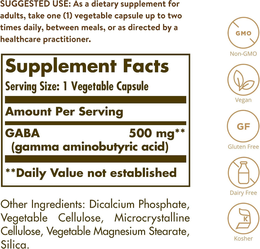Solgar GABA 500 mg, 100 Cápsulas Vegetales