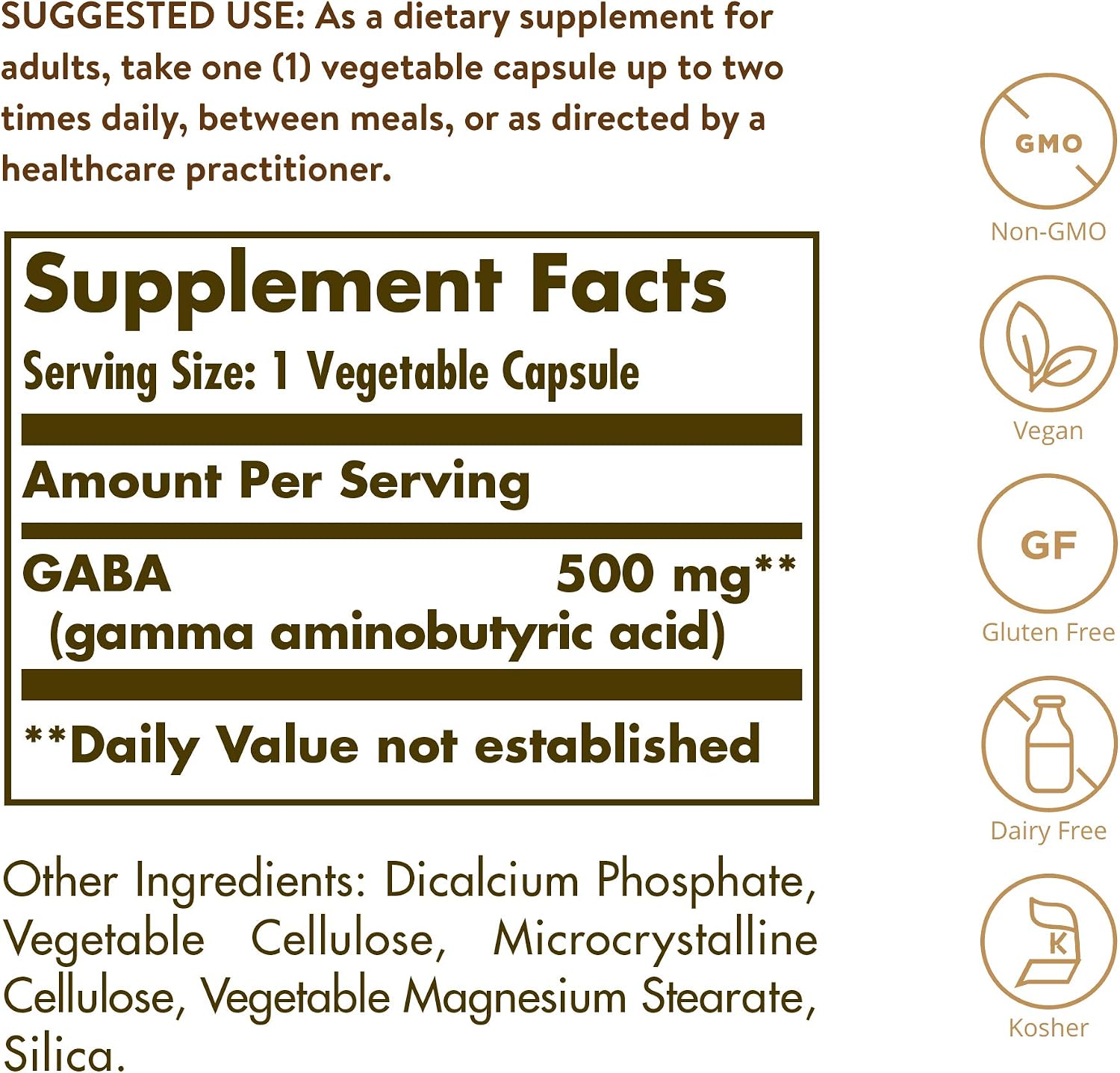 Solgar GABA 500 mg, 100 Cápsulas Vegetales