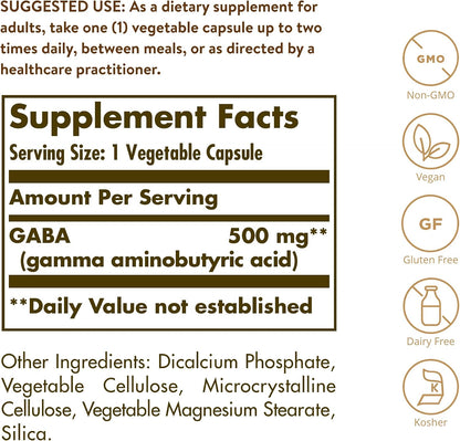 Solgar GABA 500 mg, 100 Cápsulas Vegetales – Image 2