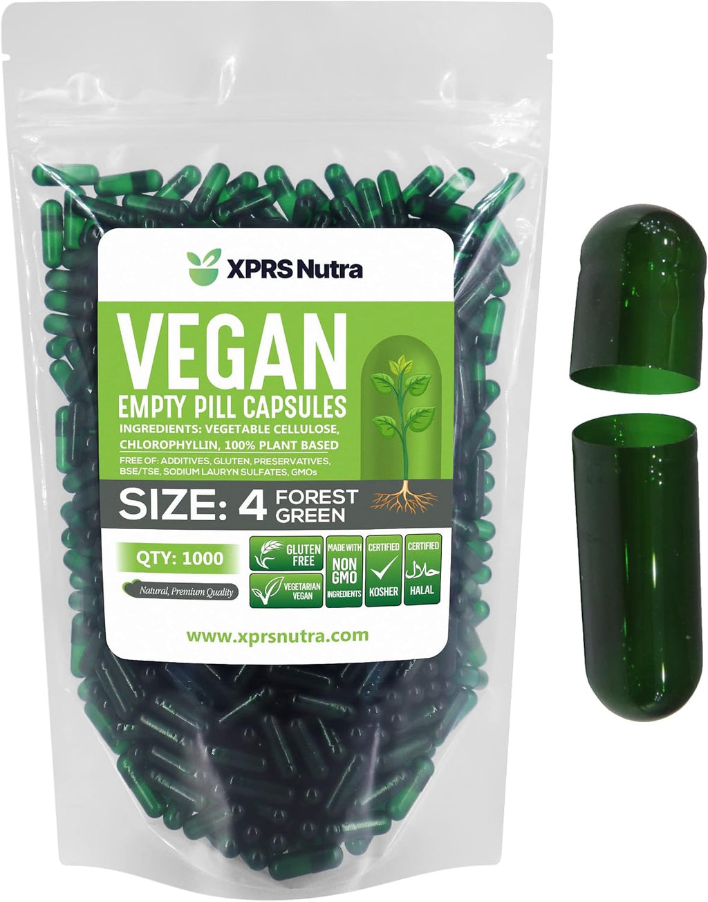 XPRS Nutra Cápsulas Vacías Tamaño 4 - 1000 Unidades - Cápsulas Veganas Pequeñas - Píldoras Vegetarianas - Relleno DIY de Cápsulas para Suplementos (Verde Bosque)