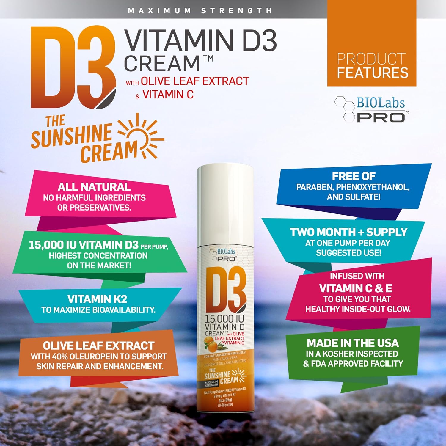 BIOLABS PRO Crema de Vitamina D3 15000 UI con K2 y Extracto de Hoja de Olivo - Máxima Potencia - Natural (85g)