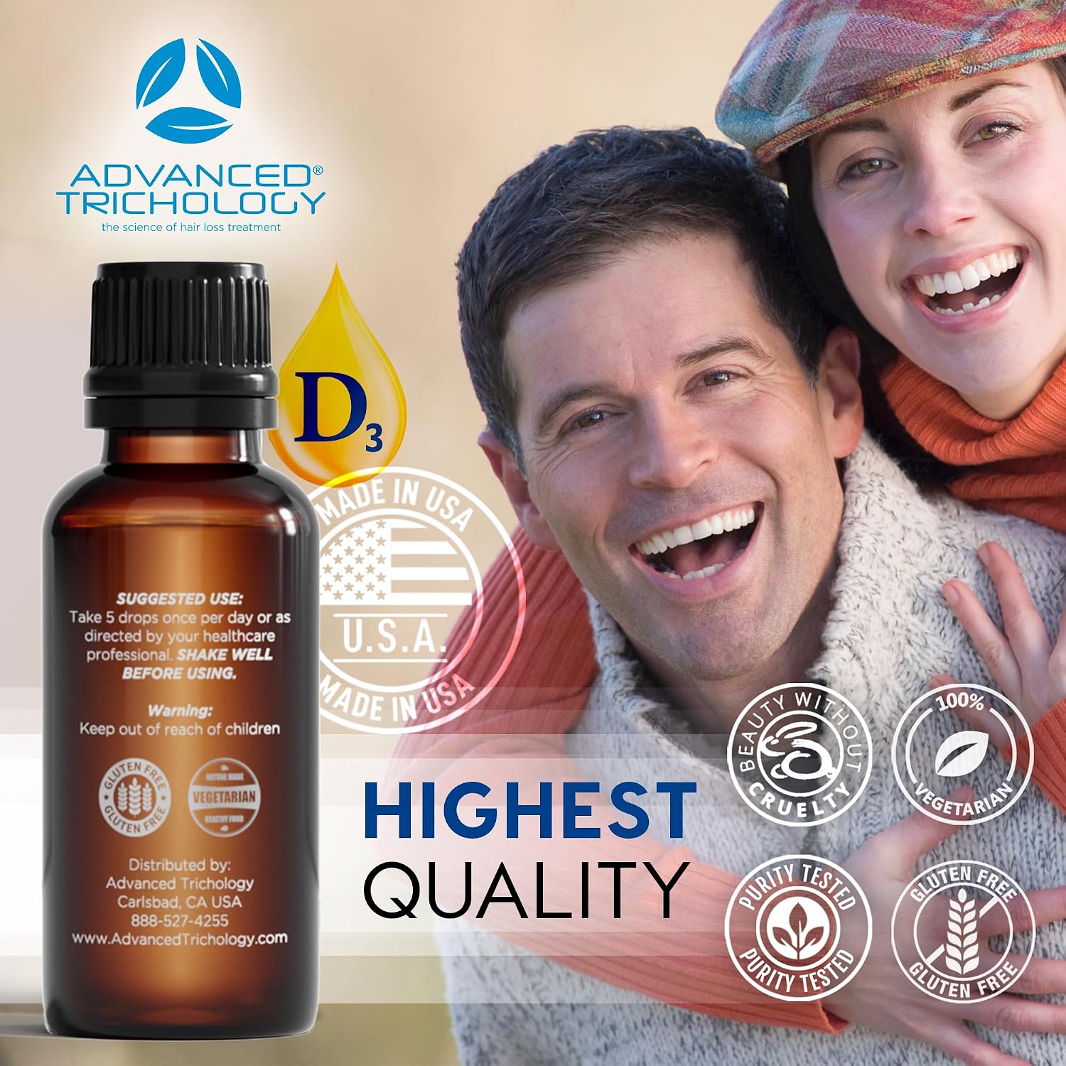Advanced Trichology Vitamina D3 Líquida 5000 UI – Alta Absorción – 30 ml – 180 Dosis – Sin Gluten – Vegetariano