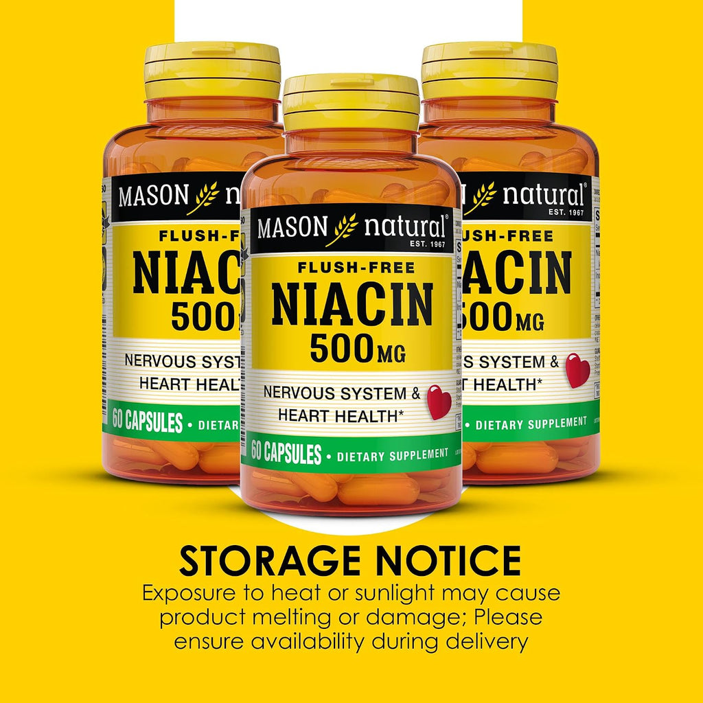 MASON NATURAL Niacina 500 mg Sin Enrojecimiento, 60 Cápsulas (Pack de 3)