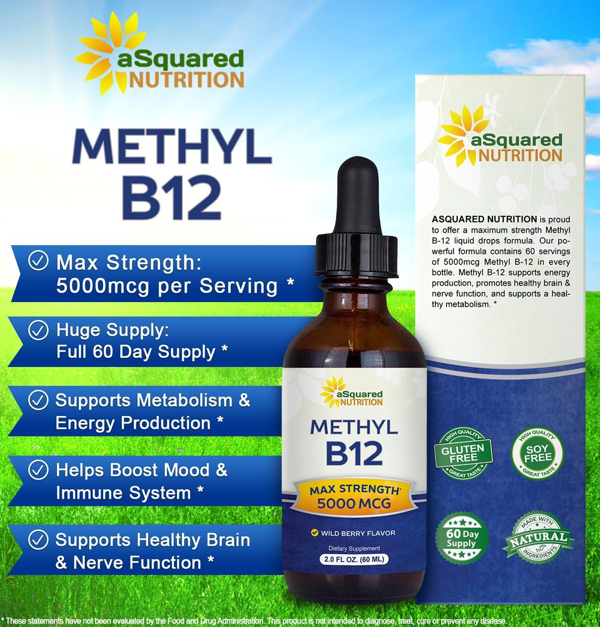 aSquared Nutrition Vitamina B12 5000 mcg Gotas Sublinguales con Metilcobalamina - 60 ml