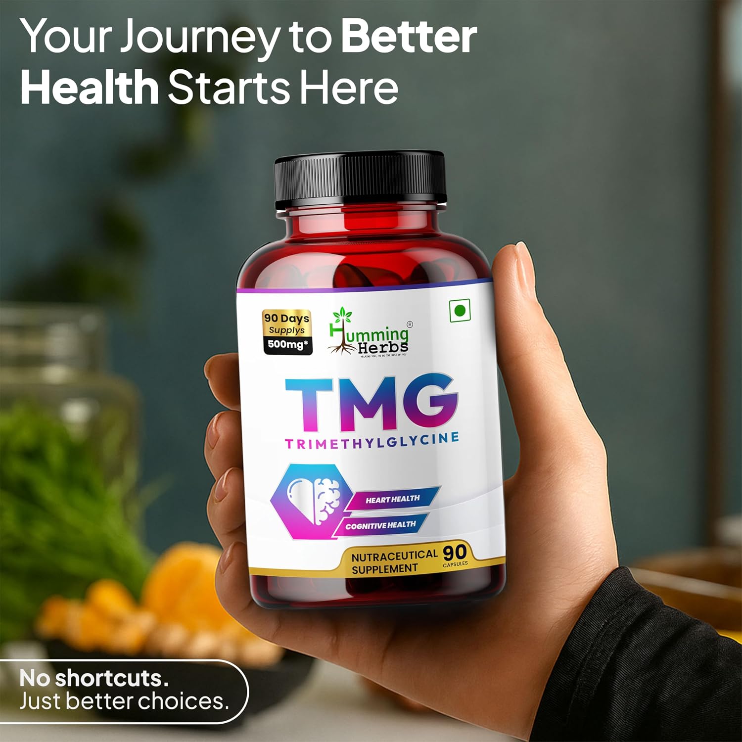 Humming Herbs TMG Suplemento de Trimetilglicina 500 mg – 90 Cápsulas Veganas | Encapsulación Microcristalina para Mayor Biodisponibilidad | Donante de Metilo para el Apoyo del Corazón, Cerebro y Homocisteína