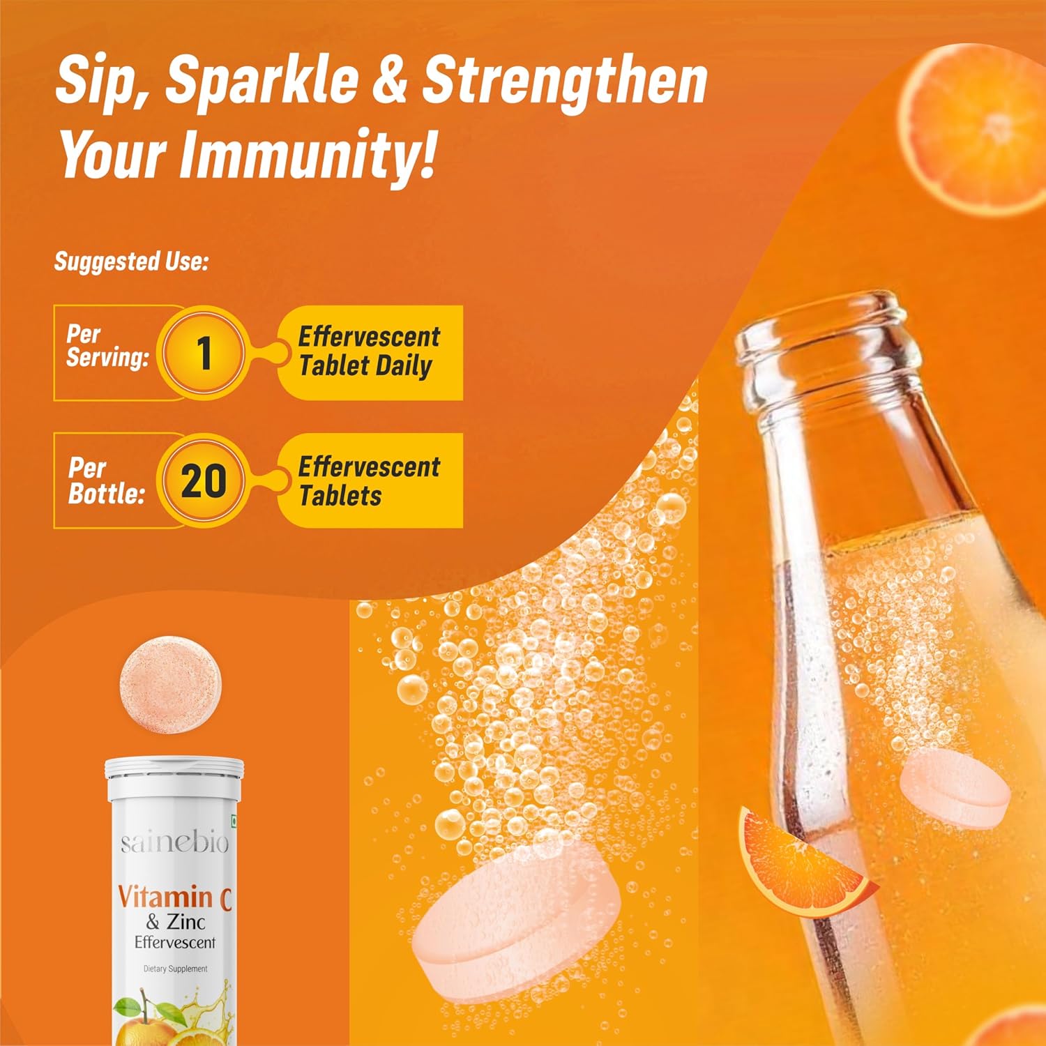 Vitamin C 1000mg Effervescent Tablets - Con Zinc 10mg - Sin Azúcar - 20 Comprimidos