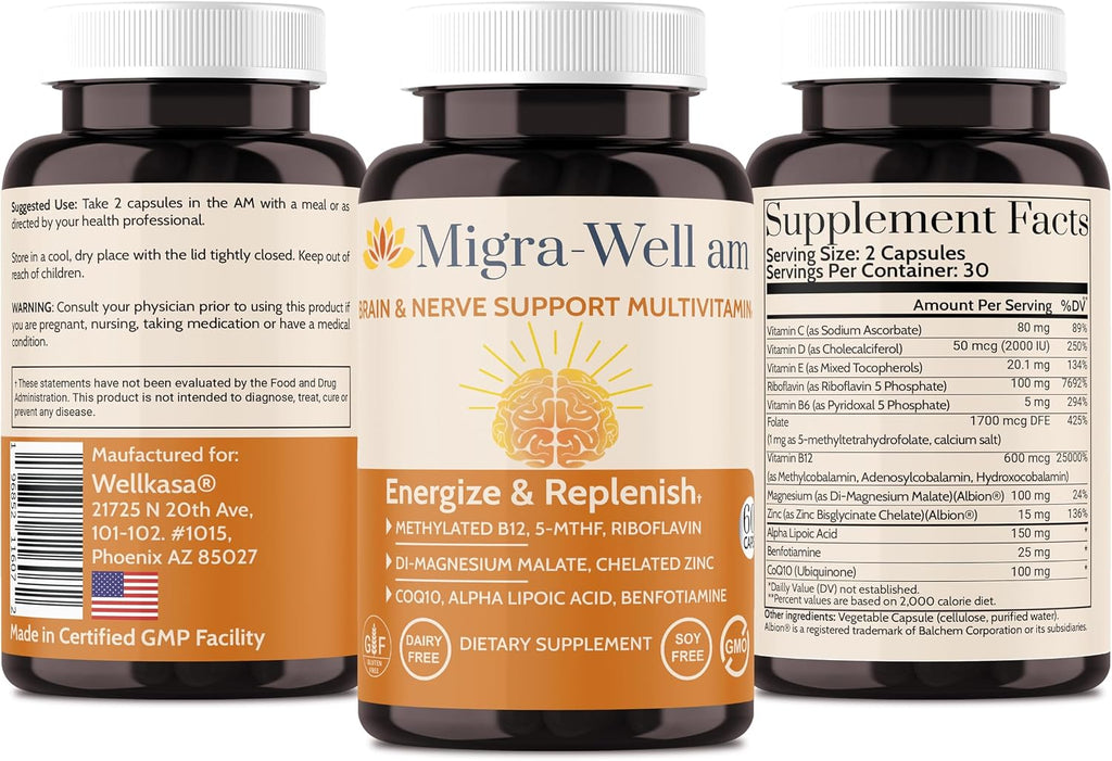 Wellkasa Migra-Well AM: Multivitamínico diario metilado energizante con minerales biodisponibles y antioxidantes para la salud cerebral y nerviosa de mujeres y hombres - Sin hierro (60 cápsulas)