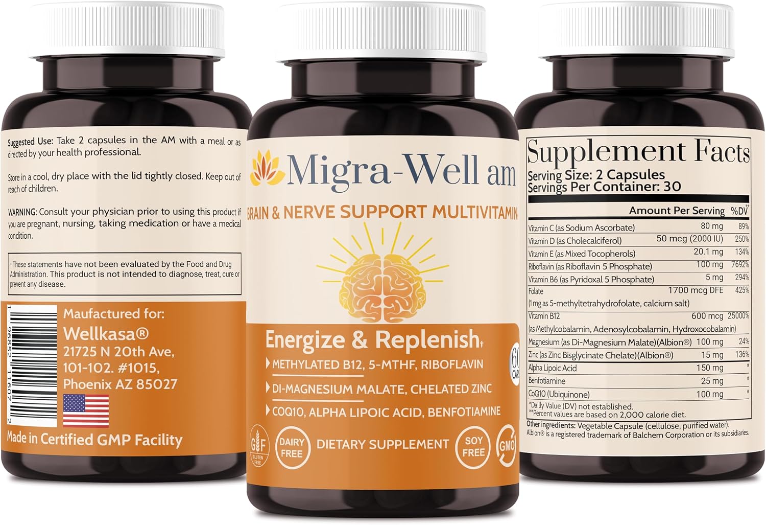 Wellkasa Migra-Well AM: Multivitamínico diario metilado energizante con minerales biodisponibles y antioxidantes para la salud cerebral y nerviosa de mujeres y hombres - Sin hierro (60 cápsulas)