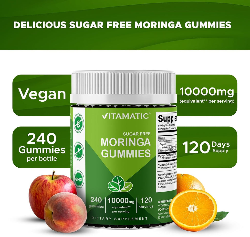 Vitamatic Moringa Gummies – Sin Azúcar – Extracto 50:1 – Superalimento Verde – A base de Pectina – Vegano – No transgénico – 240 Gominolas