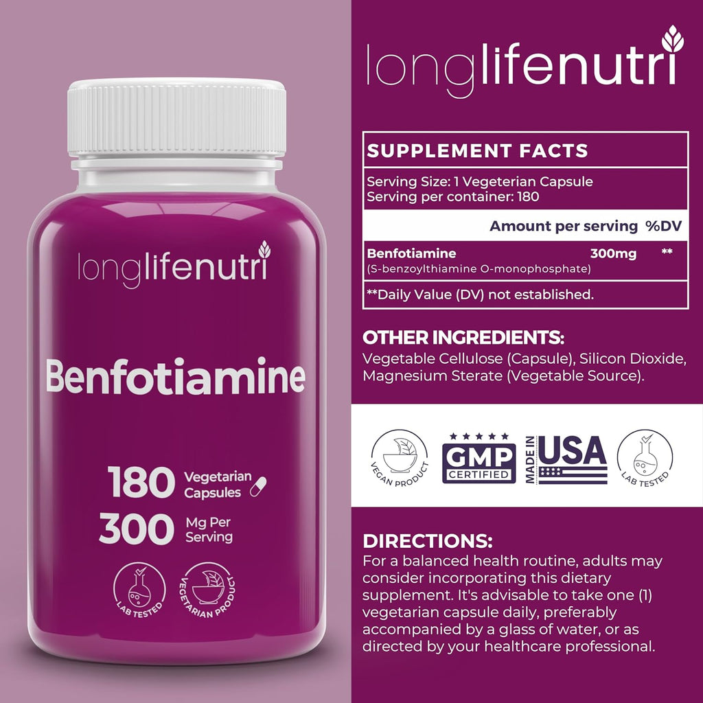LongLifeNutri Benfotiamina 300mg – 180 Cápsulas Vegetarianas – Suministro para 6 Meses