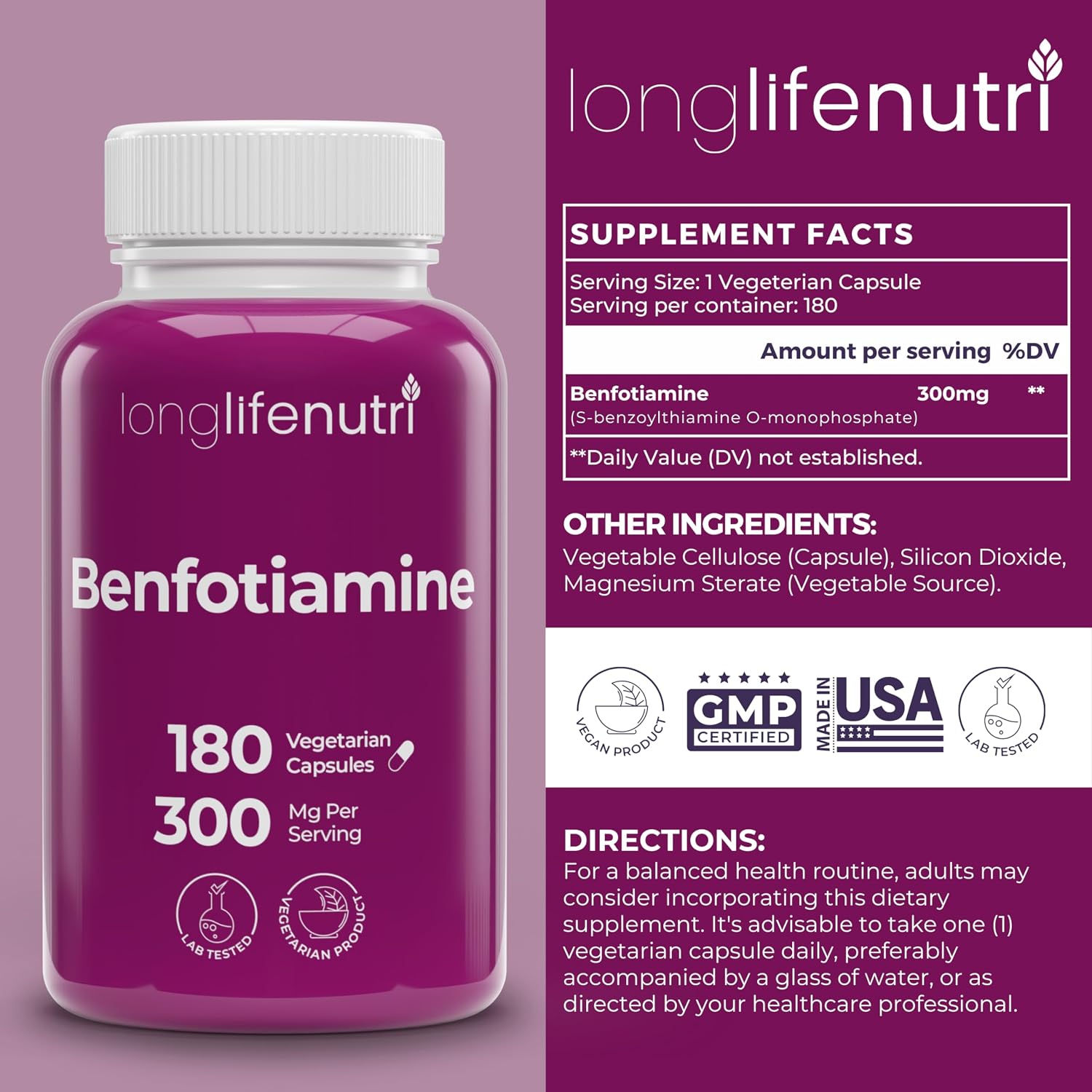 LongLifeNutri Benfotiamina 300mg – 180 Cápsulas Vegetarianas – Suministro para 6 Meses