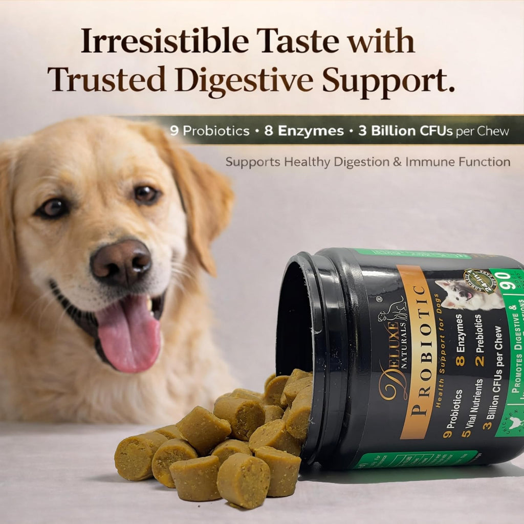 Deluxe Naturals Probiotic Soft Chews for Dogs – 360 masticables (4 x 90ct) – Apoyo Digestivo e Inmunitario con 9 Probióticos, 8 Enzimas, 2 Prebióticos y 5 Nutrientes Esenciales – Sabor a Pollo